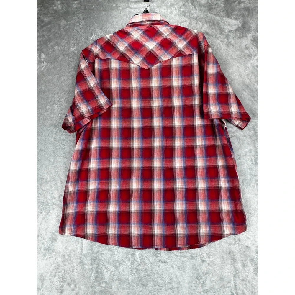 Wrangler Mens Western Shirt XL Red Plaid Pearl Snap Short Sleeve Cotton Blend